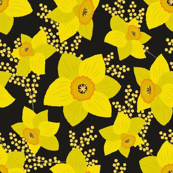 黄色の水仙と黒い背景にミモザのシームレスなパターン 花の背景 ベクトル図 — ストックベクタ