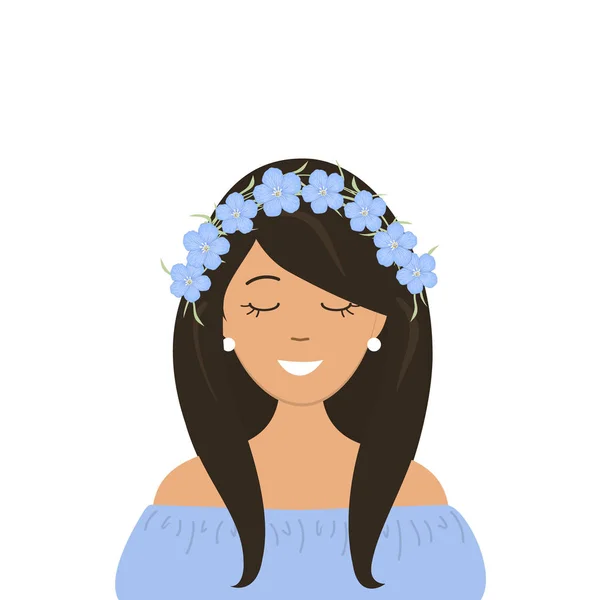Menina Bonito Uma Grinalda Flores Linho Azul Sua Cabeça Ilustração — Vetor de Stock