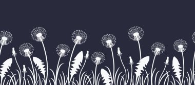 Dandelions koyu mavi zemin üzerine beyaz siluetleri ile sorunsuz sınır. Vektör çizim