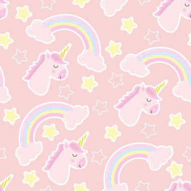 İyi geceler arka plan. Tek boynuzlu atlar, bulutlar, yıldız ve rainbow ile Seamless modeli. Çocuk arka planda pembe renkler. Web siteleri, ambalaj, kumaşlar, duvar kağıtları için kullanılabilir. Vektör çizim