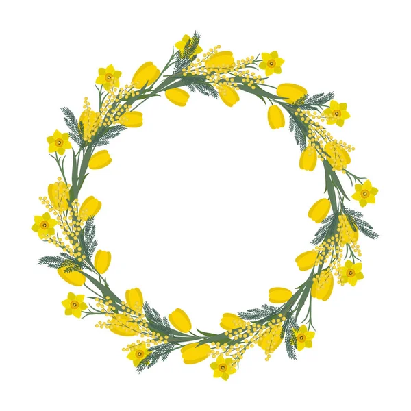 Floral round frame from spring flowers. Yellow flowers of tulips, daffodils and mimosa on a white background. Greeting card template. It can be used as an design element in projects. Vector
