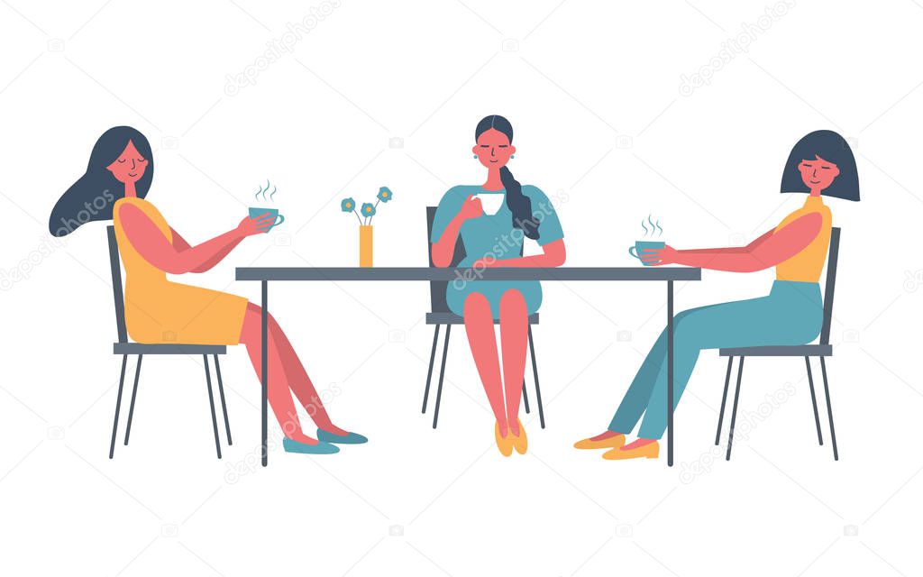 Coffee time. Three girls in the cafe. There are women, sitting at the table and drinking coffee, in the picture. Vector flat illustration in yellow and blue colors.