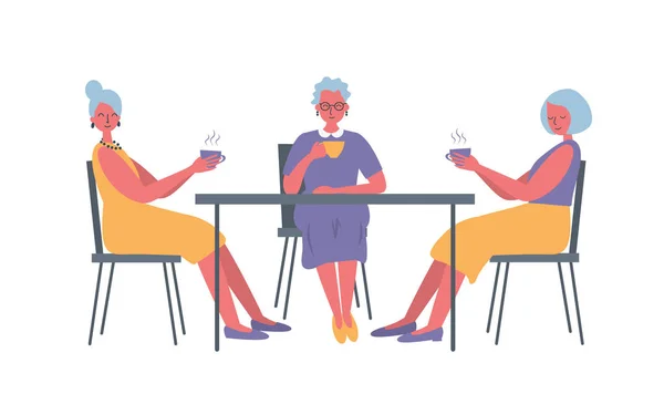 Τρία Παλιά Κυρίες Στο Καφενείο Υπάρχουν Ηλικιωμένες Γυναίκες Κάθεται Στο — Διανυσματικό Αρχείο