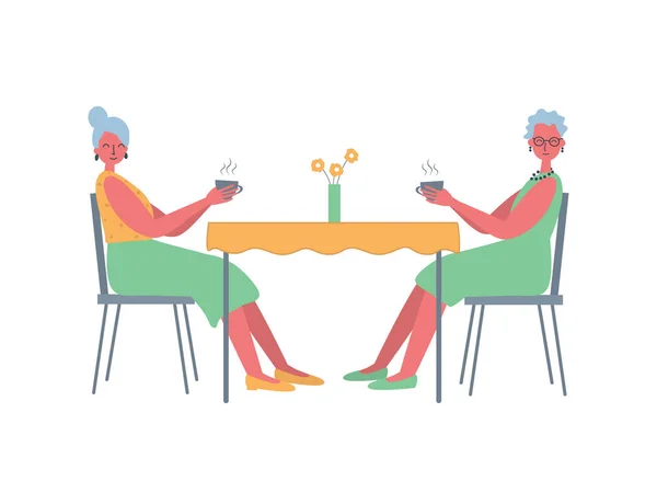 Velhotas Estão Sentadas Mesa Beber Chá Mulheres Idosas Café Ilustração —  Vetores de Stock