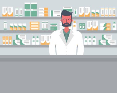 Bir eczacı Web afiş. Genç adam bir eczane işyerinde: önünde raflar ilaçlarla ayakta. Vektör düz çizim