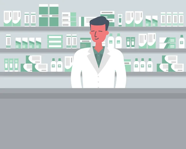 Web Banner Gyógyszerész Fiatalember Munkahelyen Egy Gyógyszertár Gyógyszerek Polcok Előtt — Stock Vector