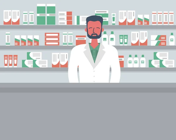 Banner Web Farmacéutico Joven Lugar Trabajo Una Farmacia Pie Frente — Vector de stock