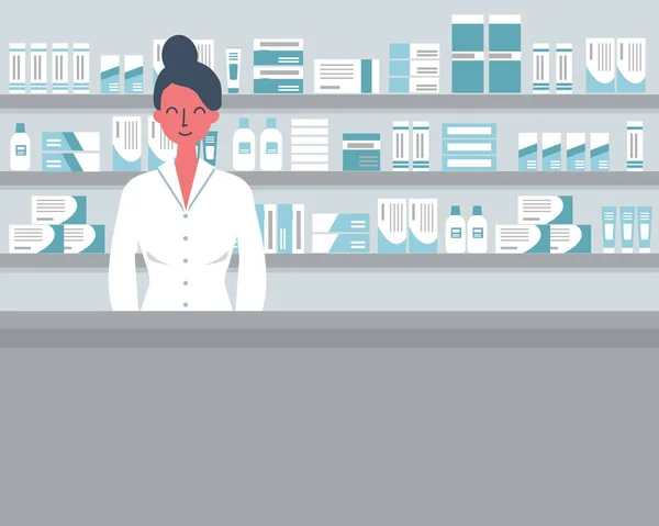 药剂师的 Web 年轻女子在一家药店工作场所 站在货架上摆满的药品 矢量平面插画 — 图库矢量图片