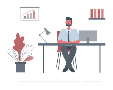 Bir ofis çalışanı işyerinde Web afiş. Genç adam, oda ofis masasında oturuyor. Bir bilgisayar, bir lamba, bir diyagram ve bir çiçek resmi var. Funky düz stil. Vektör