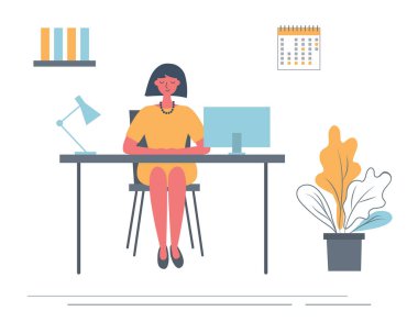 Ofis çalışanı işyerinde. Genç kadın, oda ofis masasında oturuyor. Bir bilgisayar, klasör, bir lamba, bir takvim ve bir çiçek resmi vardır. Funky düz stil. Vektör
