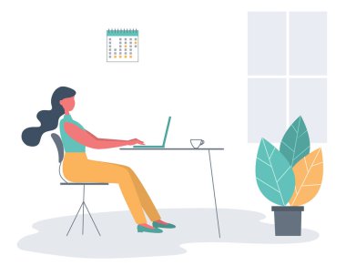 Ofis çalışanı işyerinde. Genç kadın, oda ofis masasında oturuyor. İş simgesi. Bir dizüstü bilgisayar, bir bardak, bir takvim ve bir çiçek resmi vardır. Funky düz stil. Vektör