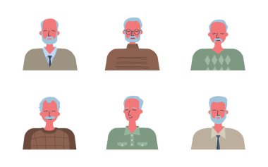 İnsanlar simgeler. Yaşlı adamların portreleri. Farklı saç şekillendirme ve giyim. Funky düz tarzı. Vektör Illustration