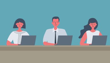 Ofis işçileri dizüstü bilgisayarlarda çalışıyorlar. Genç adam ve kadınlar masada mavi bir arka planda oturuyor. İnsanlar simgeler. Funky düz tarzı. Vektör Illustration.