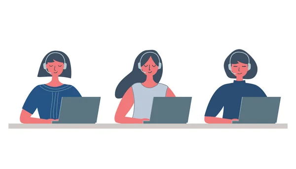 呼叫中心工作人员的 Web 戴着耳机的年轻女性坐在白色背景的桌旁 人物图标 时髦的扁平风格 向量例证 — 图库矢量图片