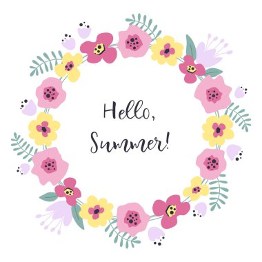 Çiçek ve yaprakların dekoratif çelenk. Beyaz bir arka plan üzerinde pembe ve sarı çiçekler ile Çiçek çerçeve. Burada 