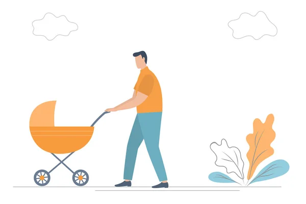 Padre Con Bambino Nel Passeggino Giovanotto Con Una Carrozza Arancione — Vettoriale Stock