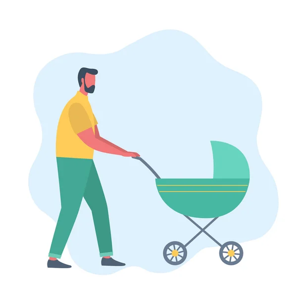 Apa Baba Sétálni Fiatal Férfi Egy Zöld Baby Babakocsi Emberek — Stock Vector
