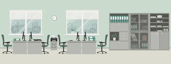灰色办公用房 图片中有桌子 绿色椅子 文件柜 打印机和其他物品 矢量平面插图 — 图库矢量图片