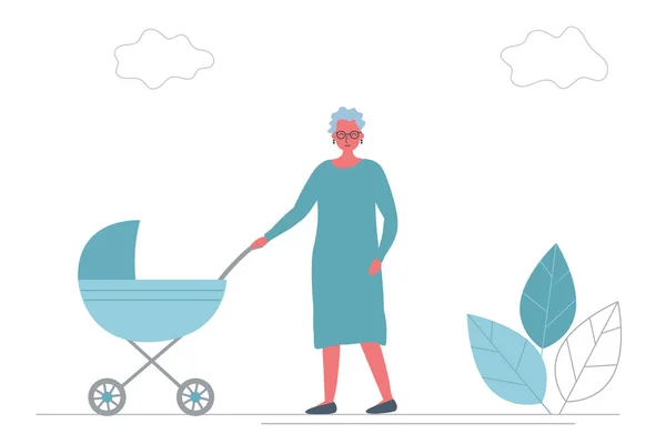 Bebek Arabasında Torunu Olan Büyükanne Mavi Bebek Arabası Yla Yürüyen — Stok Vektör
