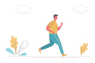 Spor giyimli genç adam parkta yol boyunca koşuyor. Resimde bitkiler ve bulutlar da var. Komik düz stil. Vektör illüstrasyonu