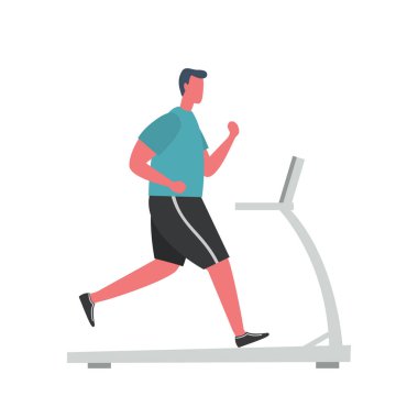 Spor üniformalı genç adam koşu bandında koşuyor. İnsanların simgesi. Komik düz stil. Vektör illüstrasyonu.