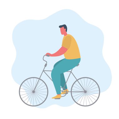 Genç adam bisiklete biniyor. Spor yaşam tarzı kavramı. İnsanların simgesi. Acayip düz stil. Mavi arkaplanda vektör illüstrasyonu