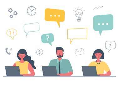 Ofis işçileri dizüstü bilgisayarlarda çalışıyorlar. Simgeler ile iş kavramı. Genç adam ve kadınlar beyaz bir arka planda masada oturuyor. Funky düz tarzı. Vektör Illustration