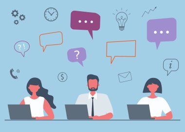 Ofis çalışanları dizüstü bilgisayarlar üzerinde çalışıyor. Simgeleri ile Iş kavramı. Genç adam ve genç kadınlar mavi bir arka plan üzerinde masada oturuyorlar. Funky düz tarzı. Vektör çizimi