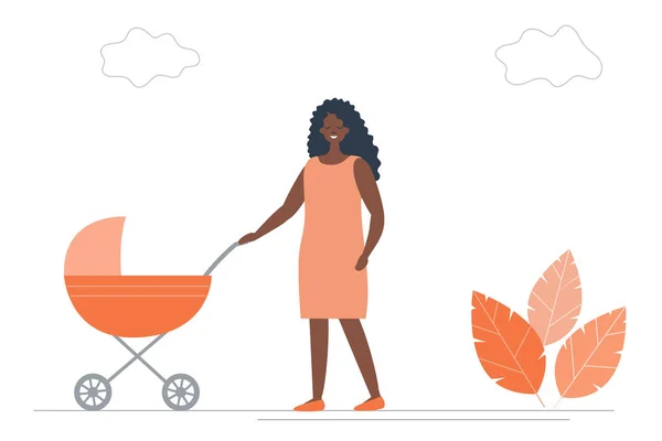 Bir Bebek Arabası Ile Turuncu Elbiseli Sevimli Genç Siyah Kadın — Stok Vektör