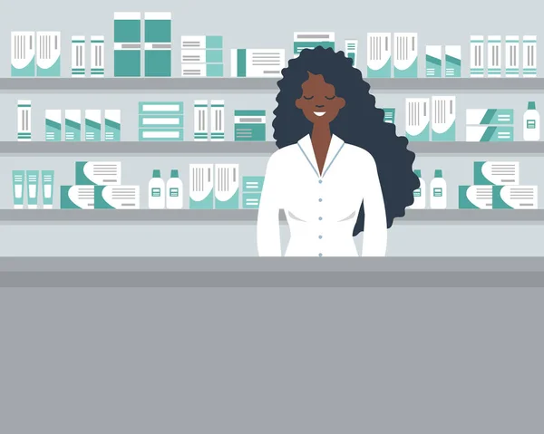 薬剤師のウェブバナー 薬局の職場の若い黒人女性 薬で棚の前に立っています 面白いフラットスタイル ベクトルイラスト — ストックベクタ