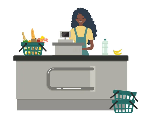 Webová Vlajka Pokladníka Supermarketů Mladá Černá Žena Stojí Nedaleko Pokladny — Stockový vektor