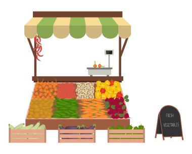 Tepsi de sebzeler piyasada. Pazar satıcısının işyeri. Orada ölçekler ve mal: salatalık, soğan, havuç, patlıcan, kabak, perrers, patates, domates görüntü. Vektör