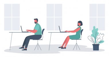 İşyerinde ofis işçileri. İş simgesi. Genç adam ve genç kadın ofis odasında masada oturuyor. Burada masalar, sandalyeler, dizüstü bilgisayarlar, pencereler ve çiçek var. Funky düz stil.