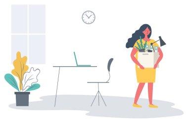 Elinde bir kutu kırtasiye ile ofis çalışanı. Ofis malzemeleri tutan üzgün genç bir kadın. Konsept: çalışan kovuldu, işini kaybetti. Funky düz tarzı. Vektör çizimi