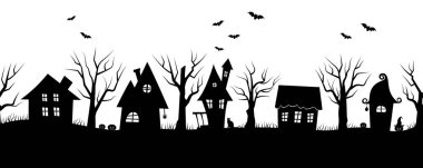 Cadılar Bayramı evleri. Ürkütücü bir köy. Kesintisiz kenarlık. Beyaz bir arka plan üzerinde evlerin ve ağaçların siyah siluetleri. Ayrıca yarasalar, kabaklar ve resimde bir kedi vardır. Vektör çizimi