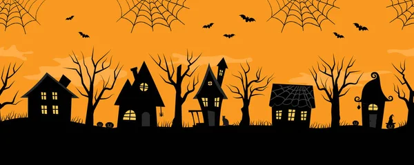 Maisons Halloween Village Effrayant Frontière Sans Couture Silhouettes Noires Maisons — Image vectorielle