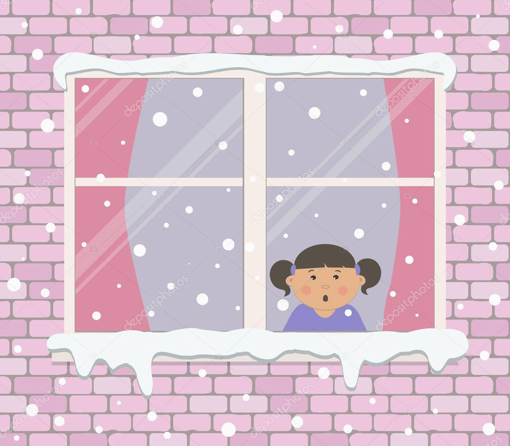 Window on a brick wall on a snowy day. A little girl in the room is surprised, looking at the snow. View from the street side. Winter background. Vector illustration.