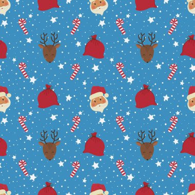 Noel geçmişi. Noel Baba kafaları, geyikler, hediyeler ve tatlılar ile çanta ile Dikişsiz desen. Mavi arka planda vektör çizimi