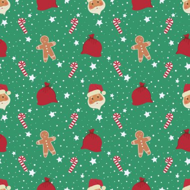 Noel geçmişi. Noel Baba kafaları, zencefilli Adam, hediyeler ve tatlılar ile çanta ile Dikişsiz desen. Yeşil arka planda vektör çizimi