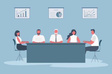 Toplantı sırasında ofis çalışanları. Çalışanlar ofisteki masada oturuyorlar. Duvarda da diyagramlar var. Konferans salonu. Acayip düz stil. Vektör illüstrasyonu.