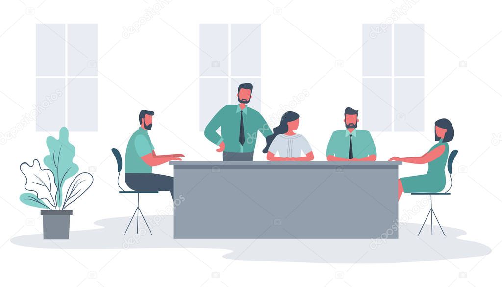 Office workers during the meeting. Employees are sitting at the table on a window background. There is also a flower in the image. Conference hall. Funky flat style. Vector illustration