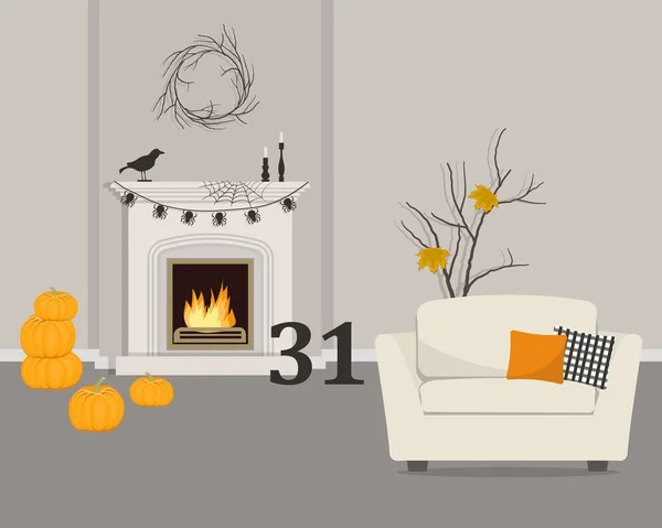 Fireplace, decorated for Halloween. Living room with fireplace and armchair. Halloween decor in the interior. There are pumpkins, a garland of spiders, a web, a crow and a wreath of branches here