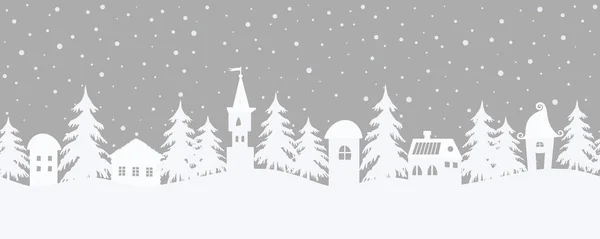Noel geçmişi. Peri masalı kış manzara. Kesintisiz sınır. Gri bir arka planda fantastik evler ve köknar ağaçlar vardır. Resimde beyaz siluetleri ve kar yağışı. Vektör Illustration