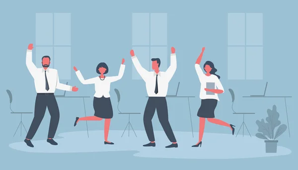 Офисы Празднуют Победу Счастливые Сотрудники Танцуют Прыгают Деловые Люди Синей — стоковый вектор