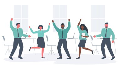 Ofis çalışanları zaferi kutluyor. Mutlu çalışanlar dans ediyor ve zıplıyor. Ofis odasındaki iş adamları. Funky düz tarzı. Vektör çizimi