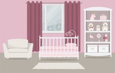 Yeni doğmuş bir bebek için çocuk odası. Pembe renkte bir kız bebek için iç yatak odası. Bir karyola, oyuncaklar, koltuk ve resimde bir pencere arka plan üzerinde diğer şeyler ile bir gardırop vardır. Vektör