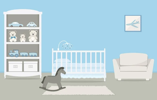 生まれたばかりの赤ちゃんのための子供の部屋 青い色の男の子のためのインテリアベッドルーム 写真には コット おもちゃ アームチェア 揺れる馬などが備わります ベクトルイラスト — ストックベクタ