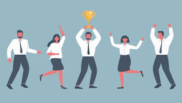 Pracownicy Biurowi Świętują Zwycięstwo Jeden Pracowników Posiada Złoty Puchar Zwycięzcy — Wektor stockowy