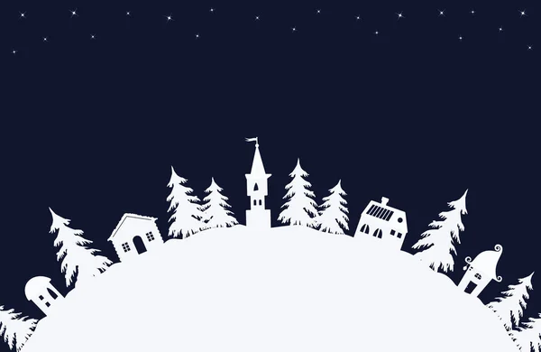 圣诞节背景 冬季村 童话般的冬季景观 在图像中 有白色的房子和冷杉树在星空背景上 有一个文本的位置 矢量插图 — 图库矢量图片