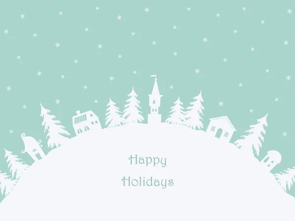 크리스마스 배경입니다 마을입니다 풍경입니다 이미지의 청록색 배경에 전나무가 있습니다 여기에 — 스톡 벡터